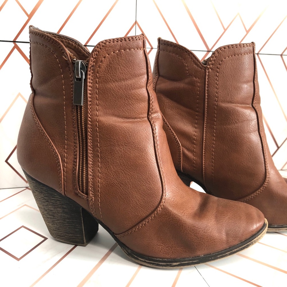 Chestnut Chunky Heel Side Zipper Ankle Boots